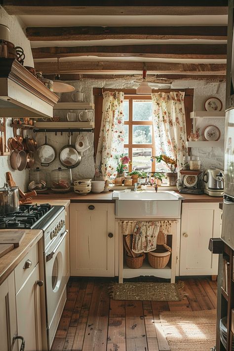 Create a luxurious look with these 34 sophisticated white kitchen ideas. Cottage House Aesthetic Kitchen, Tiny Cottage Aesthetic, Galley Cottage Kitchen, Cute Kitchen Island, Cute Tiny House Interior, Cottage Living Aesthetic, Modern Grandma Style House, Cottage Cozy Kitchen, Cottage Kitchen With Island