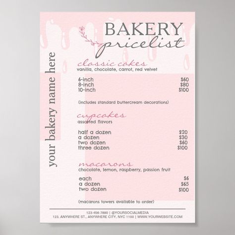 Cake Bakery Menu Price List Pink Drip Cake Price List Design Templates Free, Cake Price List Design, Cake Menu Design Ideas, Home Bakery Menu Ideas, Bakery Pricing, Cake Price List, Cake Pricing Chart, Bakery Price List, Cake Pricing Guide