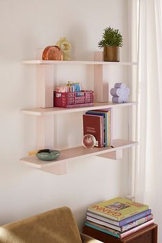 Large Wall Shelf, Shelves Above Desk, Large Wall Shelves, Cute Bookshelves, String Shelf, White Wall Shelves, Pink Bathroom Decor, Small Bookshelf, Wall Bookshelves