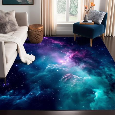 PRICES MAY VARY. 【Decent size】: the Galaxy Rug is 5 *7 Ft (150X210cm), neither too big nor too small, great size for creating a cozy area,bedroom doormat, etc 【HIGHLIGHTS】: This Versatile Colorful Rug combine Fashion with Function,Novel pattern design, bright colors,Meets the needs of the child �【ENVIRONMENTAL MATERIAL】: 100% Polyester Galaxy Area rugs . Simple patterned style of room rugs adds a touch of beauty to your room,match other furniture, makes the rooms warm and attractive. 【ANTI-SLIP B Outer Space Bedroom, Galaxy Bedroom, Blue Starry Sky, Area Rug Dark, Space Themed Room, Carpets For Kids, Rug Dark, Space Room, Bedroom Area Rug