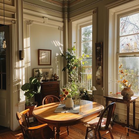 Cozy cottagecore dining area Cottage Core Meets Mid Century Modern, Cozy Round Table Dining Room, Cottagecore Dining Chairs, Cozy House Aesthetic Vintage, Cottagecore Aesthetic Modern, Dining Room Old House, Small Apartment Dining Area Ideas, Small Vintage Dining Room, Indie Dining Room