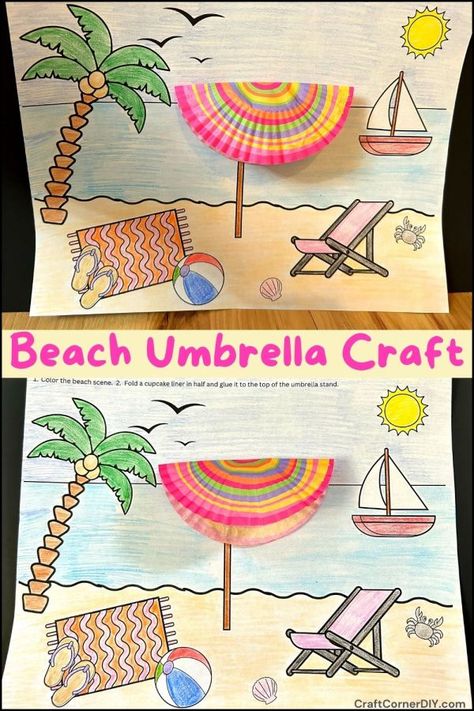 Beach umbrella craft for kids with free printable. Beach Umbrella Craft, Beach Umbrella Craft Preschool, Umbrella Craft Preschool Free Printable, Umbrella Suncatcher Craft, Kids Umbrella Craft, Umbrella Template Preschool, Kids Craft Corner, Beach Art Projects, Umbrella Craft