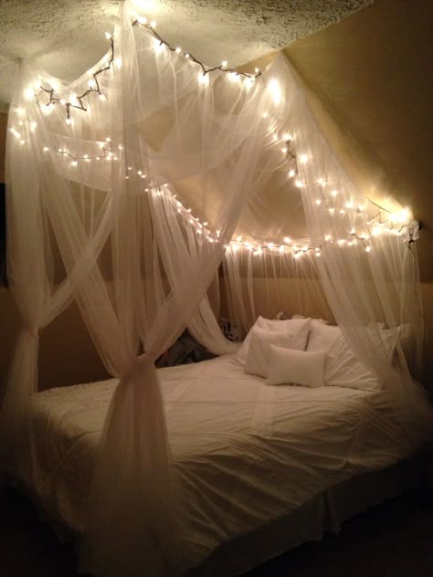 Bed With A Canopy, Attic Canopy, Attic Bedroom Canopy, Canopies Over Bed, Canopy Bed Decorating Ideas Bedroom, Cute Canopy Bed, Bed Canopy Slanted Ceiling, Room Ideas Canopy Bed, Diy Canopy Bed With Lights