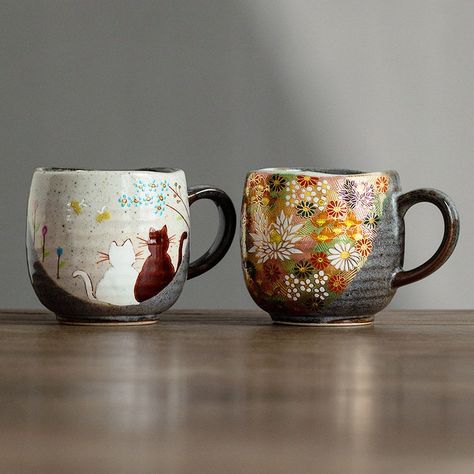 Cat Coffee Cups, Rustic Mugs, Cupped Hands, Tea Cup Gifts, Hand Painted Mugs, Flower Mug, Flower Cup, Painted Mugs, Golden Flower