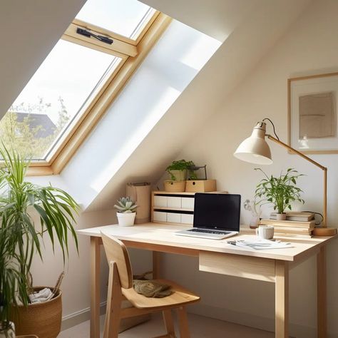 Home_Office_A_compact_attice room Attic Living Room Sloped Ceiling, Small Attic Office, Attic Office Space, Small Attic Spaces, Small Attic Room Ideas, Attic Living Room, Low Ceiling Attic, Small Attic Room, Attic Room Ideas