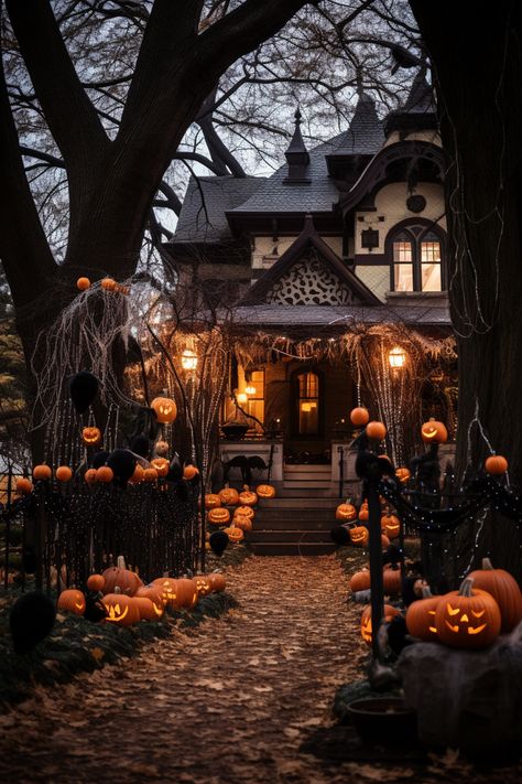 Halloween Decor Exterior House, Traditional Halloween Aesthetic, Halloween Victorian House, Gothic Halloween Aesthetic, Halloween House Aesthetic, Haunted House Exterior, Halloween House Exterior, Cute Halloween House, Halloween Aesthetic Party