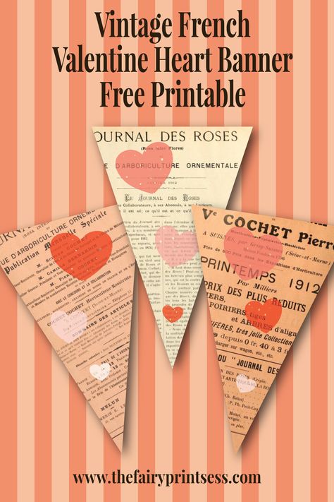 Free printable vintage French text banner set with triangle pennants, pink, red, and white hearts, and vintage French typography and aged patina - easy to print PDF file - in multiple sizes - great for Valentine parties, vintage themed baby showers, bridal showers, birthday parties, tea parties, home decor, scrapbooking and other paper crafts, and more! French Valentines, Valentines Day Images Free, Parisian Party Theme, Paris Party Ideas, Paris Printables, Text Banner, French Typography, Parisian Party, Valentine Printables