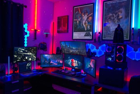 Looking for lighting ideas for your home office? We got you covered with a full guide and product IDs! // Image by u/dogofpavlov Led Lights Strip Ideas, Video Game Room Ideas, Game Room Ideas, Game Room Signs, Studera Motivation, Star Wars Room, Gamer Setup, Pc Gaming Setup, Video Game Rooms