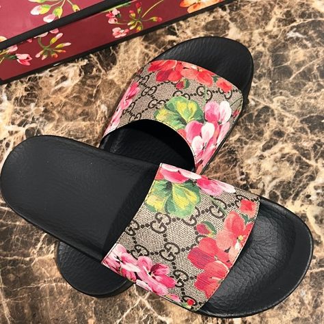 Gucci Blooms Slides Gucci Bloom Slides, Gucci Bloom, Slides Outfit, West Brook, Gucci Slides, Flower Sandals, Gucci Shoes, Slide Sandals, Slides