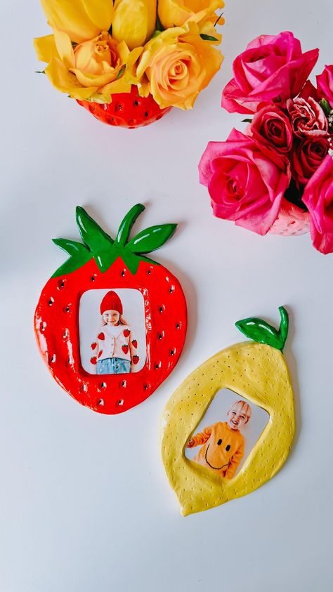 Lydia Rowley | ✨🍋🍓 DIY PHOTO FRAMES 🍓🍋✨ • You guys loved the strawberry vases, so thought I’d share another cute fruity DIY! • I used air dry clay… | Instagram Air Dry Clay Frame Ideas, Clay Photo Frame Diy, Clay Picture Frames Diy, Air Dry Clay Picture Frame, Air Dry Clay Frame, Clay Frame Ideas, Air Dry Clay Photo Holder, Air Dry Clay Ideas To Sell, Clay Picture Frames