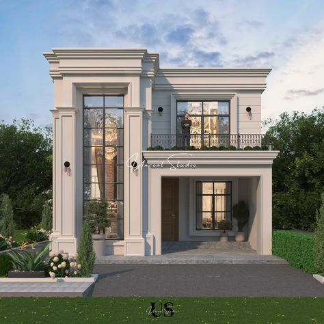 Classical Facade . . . . . . @raavvvviii Modern Classic Villa Exterior, Modern Elevation Designs For House, Classical House Elevation, New Classic Facade, Corner Elevation, Neo Classic Villa, Classic Villa Exterior, Elevation Architecture, Home Facade