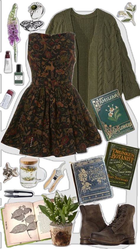 3rd House Fashion Aesthetic, Cottagecore Meets Dark Academia, Dark Academia Fairycore, Floral Academia Outfit, Forest Core Aesthetic Outfits, Green Fairy Outfits, Whimsical Dark Academia Outfits, Witch Summer Aesthetic, Cottage Core Academia Outfits