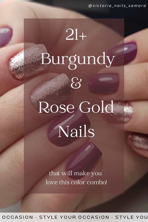 Looking for elegant burgundy nails with designs or glitter? You’ll love this list of burgundy and rose gold nails for every day wear or a special occasion. There’s short and simple almond nails, extravagant acrylic manicures with rose gold foil, glittery French tips, and everything in between! Fall Nails With Rose Gold, Burgundy Gel Nails With Glitter, Winter Nails Pink Rose Gold, Mauve And Glitter Nails, Wedding Nails For Burgundy Dress, Glittery Rose Gold Nails, Nail Ideas For Burgundy Dress, Burgandy Glitter Nails, Rose Gold Nails Design Classy Short