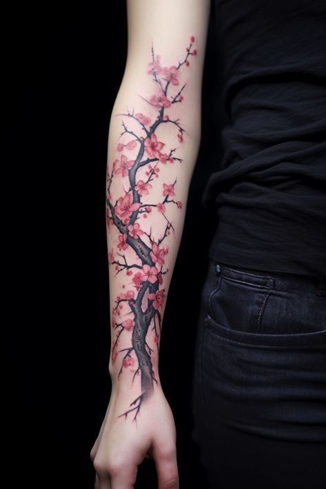 Japanese Floral Tattoo on Arm Tattoo Over Shoulder, Floral Tattoo On Arm, Japanese Floral Tattoo, Cherry Blossom Tattoo Shoulder, Cherry Tree Tattoos, Tato Geometris, Cherry Blossom Tree Tattoo, Blossom Tree Tattoo, Cream Tattoo