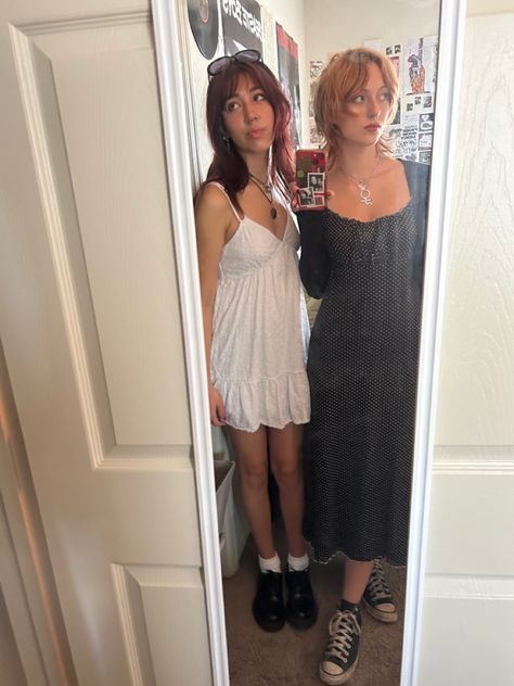 doc martens, converse, dress, vintage dress, babydoll dress, wolf cut, white dress, black dress, outfit, outfit inspo Babydoll Dress Over Jeans Outfit, White Babydoll Dress Outfit, Dress With Docs, Summer Ball Dresses, Babydoll Dress Outfit, Black Dress Outfit, Dress Over Jeans, White Babydoll Dress, White Babydoll