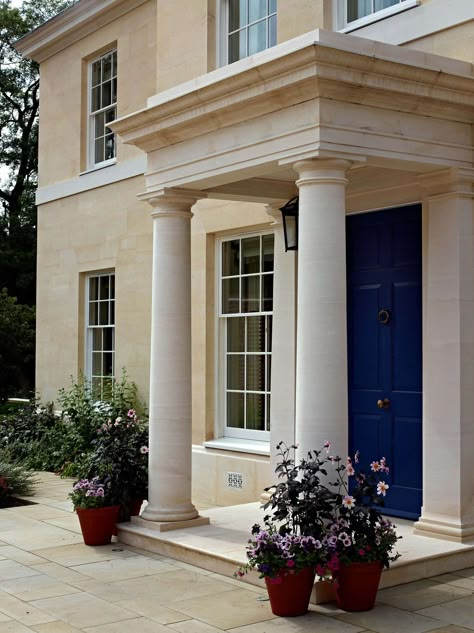 New Regency House Berkshire | Private Architects | ADAM Architecture Front Door With Pillars, Front Door Surround, Hdb Gate, Adam Architecture, House Pillars, House Columns, Portico Design, Winchester Hampshire, Regency House