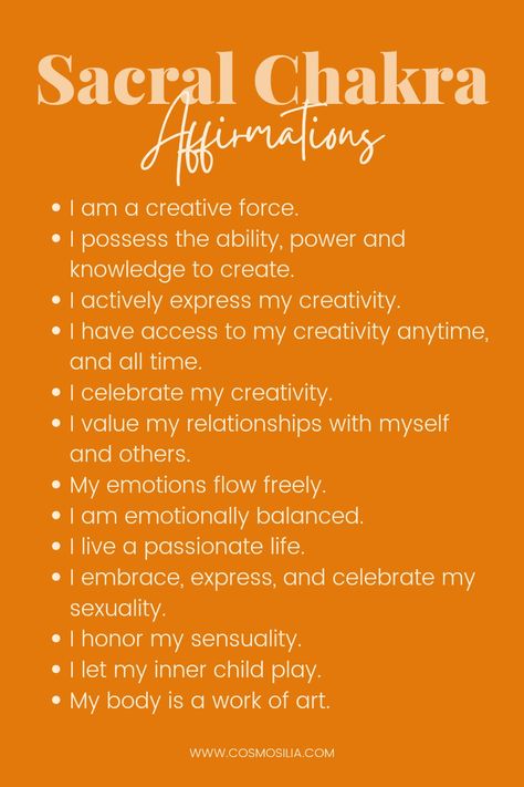 Sacral Chakra Affirmations Sacral Chakra Opening, Sacral Chakra Mantra, Navel Chakra Healing, Sacral Chakra Oils, How To Open Sacral Chakra, Orange Chakra Healing, Second Chakra Healing, Healing The Sacral Chakra, Sacral Chakra Affirmation I Feel