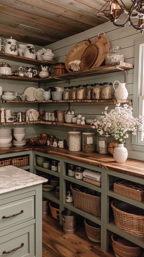 Inspiring Pantry Ideas to Elevate Your Kitchen Organization - Remodr Exposed Pantry Shelves, Small Cottage Pantry, Old Farmhouse Pantry, Small Farmhouse Pantry, Pantry Color Ideas, Painted Pantry Interior, English Pantry, Rustic Kitchen Pantry, Farmhouse Pantry Ideas