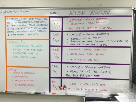 High school whiteboard configuration with standard, objective, and skills. Week at a glance daily agenda. Daily Agenda Classroom Whiteboard, Board Configuration High School, Classroom Objectives Display Whiteboard, Whiteboard Layout Ideas, Classroom Whiteboard Organization Middle School, Whiteboard Layout, Classroom Whiteboard Organization, Learning Objectives Display, Classroom Objectives