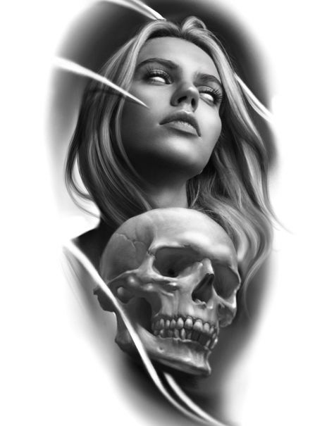 Woman and skull #tattooideas #backtattoos #tattoos Sleeve Tattoos, Christian Quotes, Girl Skull Tattoo, Skull Tattoo Ideas, Girl Skull, Money Tattoo, Skull Tattoo Design, Art Works, Madonna