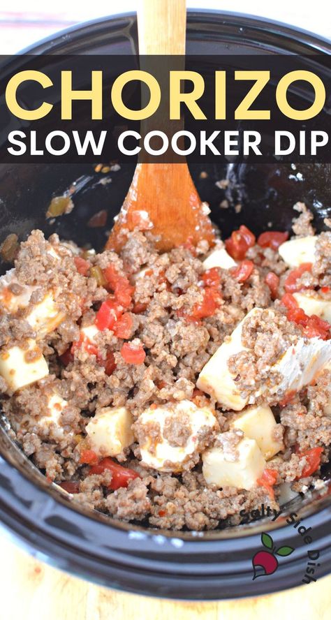 Slow Cooker Chorizo Dip - Cheesy Velveeta, cream cheese, and Ground Chorizo dip in slow cooker/crock pot – ready in 2 hours. Easy slow cooker chorizo queso dip for your parties, football games, and dinner! Perfectly smooth and so cheesy and creamy! ground chorizo diced tomatoes with chilies cream cheese Velveeta Queso Blanco cheese cubed tortilla chips White Queso Dip Crockpot With Meat, Chorizo Velveeta Dip, Chorizo Cheese Dip Crockpot, Chorizo Dip Crockpot, Sausage Dips Crockpot, Chorizo Cream Cheese Dip, Chorizo Queso Dip Easy, Crock Pot Chorizo Queso Dip, Chorizo Queso Dip Velveeta