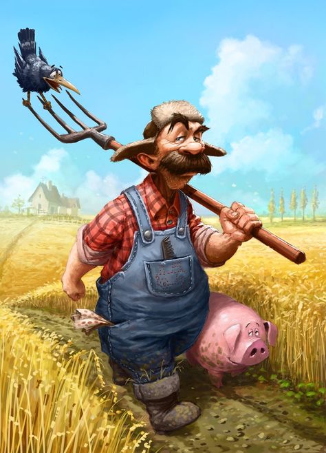 Farmer Illustration Character, Fantasy Farmer, Farmer Cartoon Character, Farmer Character Design, Farmer Drawing, Cartoon Farmer, Farmer Character, Farmer Cartoon, Farmer Illustration