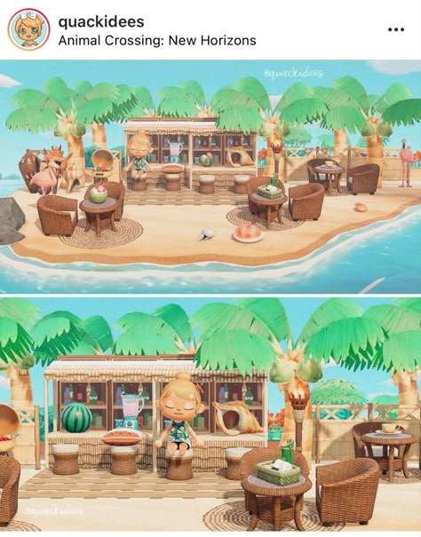 Acnh Tropical Builds, Animal Crossing Tropicore Ideas, Acnh Beachy Island, Animal Crossing Island Inspiration Beach, Acnh Private Beach, Beachy Animal Crossing Island, Acnh Tropical City, Tropical Animal Crossing, Tropical Island Acnh