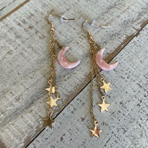 Moon And Star Earrings Length- Approximately 3 Inches Moon Accessories, Bullet Earrings, Minnie Mouse Earrings, Goth Earrings, Beads Craft Jewelry, Moon And Star Earrings, Clay Jewelry Diy, Earrings Inspiration, Moon And Star