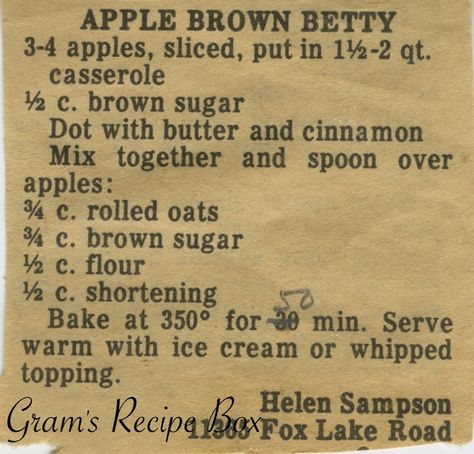 Apple Brown Betty, Spiced Fruit, Brown Betty, Handwritten Recipes, Grandmas Recipes, Old Fashioned Recipes, Apple Desserts, Retro Recipes, Old Recipes