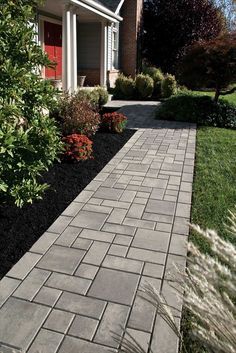 create a beautiful entrance with a paver Walkway using EP Henry's Village Square in Pewter Blend Stamped Concrete Walkway, Front Yard Walkway, Side Walk, Walkway Landscaping, Walkway Design, Brick Walkway, Pathway Landscaping, Concrete Walkway, Paver Walkway