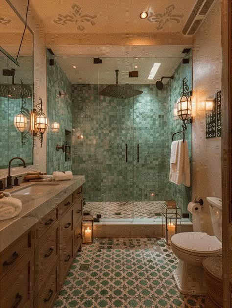 40+ Boho Bathroom Ideas [With Pictures!] Room With Bathroom Ideas, Two Room Bathroom Ideas, Tiles In Shower Ideas, Shower Room Bathroom, En Suite Shower Ideas, Cosy Shower Room, One Bathroom House Ideas, Bathroom With Artwork, Colored Tiles Bathroom