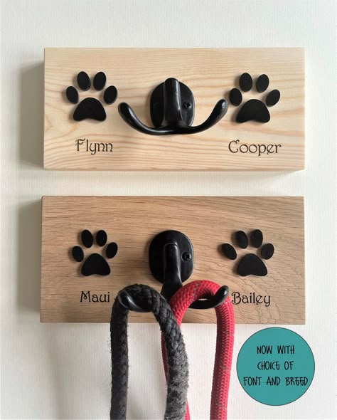 A great personalised gift for any dog lover, which is sure to make them smile. The Lead Hook is made from quality Pine wood, which can be adapted for one or two pets (Oak is horizontal for two and portrait for one.)  The black acrylic paw is laser cut and stuck to the Oak boakboard.  On the Oak we can engrave your pet (s) names (s) as in the image provided. Other dog lead hooks and pet products can be seen on the RoodlesDesign page. Each dogs name will be engraved onto the wood as in the image. Wooden Pet Accessories, Xtool F1, Dog Lead Hook, Wood Laser Ideas, S Names, Stag Design, Dog Grooming Shop, Cnc Ideas, Small Crafts