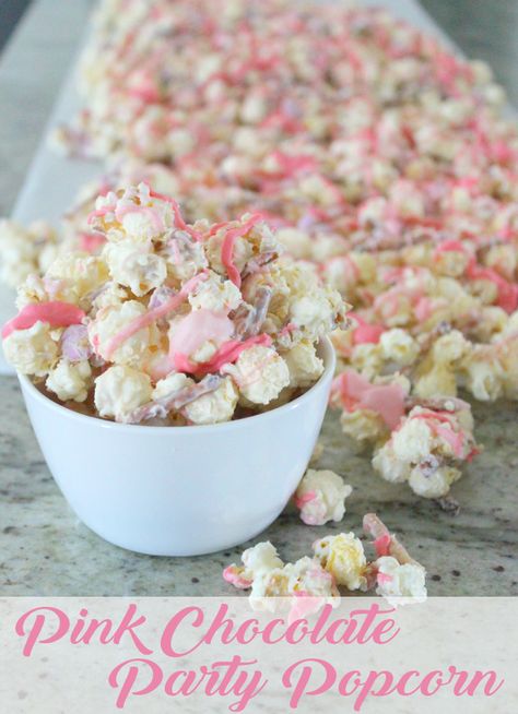 Salty, Sweet, Pink Chocolate Party Popcorn! Cheer Party Food Ideas, Pink Baby Shower Desserts, Pink Party Treats, Pink Snack Table, How To Make Pink Popcorn, Chocolate Cover Popcorn, Pink Popcorn Recipe Easy, Pink Party Food, Pink Popcorn Aesthetic