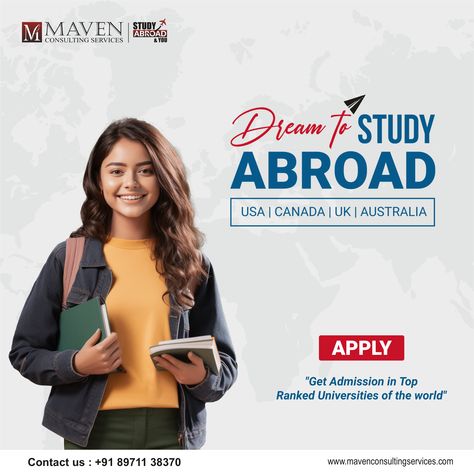 "🌍✈️ Ready to take your education to the next level? 📚🎓 Apply now to study abroad in the USA, Canada, UK, or Australia! 🌟 Unlock endless opportunities at top-ranked universities and pave your way to success! 💫✨ #StudyAbroadGoals #DreamBig #GlobalEducation Get in touch with us for expert counselling at +91 89711 38370 or visit www.mavenconsultingservices.com For more information regarding Study Abroad. Abroad Study Poster, Banner Reference, Graphic Design Books, Way To Success, Uk Universities, Endless Opportunities, Marketing Flyers, Studying Abroad, Overseas Education