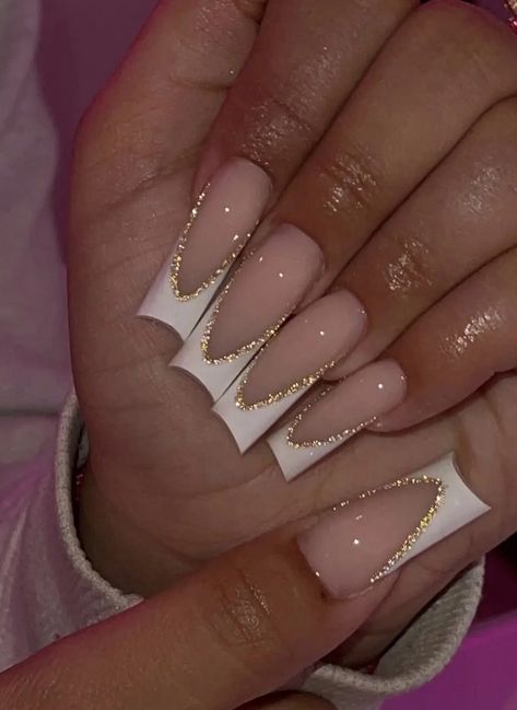 Gold Nails French, White Nails With Gold, Gold Acrylic Nails, French Tip Nail Designs, Gold Glitter Nails, White Acrylic Nails, Girly Acrylic Nails, French Tip Acrylic Nails, Long Acrylic Nails Coffin