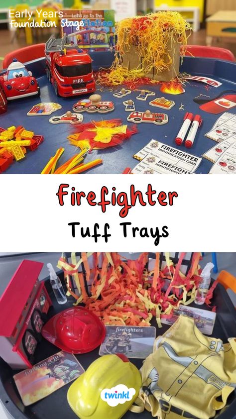 People who help us eyfs - firefighters. Thanks to @sensoryplay_send @darulaqum_preschool People Who Help Us Theme Preschool, Fire Engine Activities Eyfs, Fire Fighter Tuff Tray, Ambulance Eyfs Activities, People That Help Us Activities, Firefighter Role Play, Eyfs Firefighters Activities, People Who Help Us Activities For Toddlers, Eyfs Firefighters