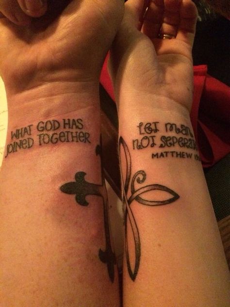 Guide Me Hold Me Tattoo Couple, Tattoos Married Couples, What God Has Joined Together Tattoo, Mark 10:9 Tattoo Couple, Matching Scripture Tattoos, Matching God Tattoos, Matthew 19 6 Marriage Tattoo, Matthew 19:6 Tattoo, Couples Small Matching Tattoos