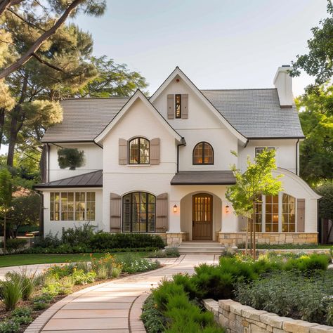 Modern Farmhouse Entrance Exterior, House With Character Exterior, Pretty Farmhouse Exterior, Pale Exterior House Colors, White Brown House Exterior, Houses With Garages On The Side, Brick Bottom Of House Exterior, Craftsman Style Cottage, German Modern House