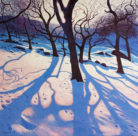 Flat Color Painting, Chris Cyprus Art, Trees In Snow, Things That Are Blue, Shadows Art, Creative Landscape Painting, How To Paint Snow, Lighting Art, Painting Prompts