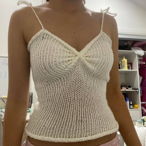 Handmade White knit tank top Fits xs/s Tie bow crotchet straps Ruched front Crochet Tops Inspiration, Knitting Machine Top Patterns, Cute Tops Crochet, Knitted Top Summer, Cute Knit Tops, Crochet Ideas Tops, Crotchet Straps, Crochet Outfit Ideas, Crochet Too