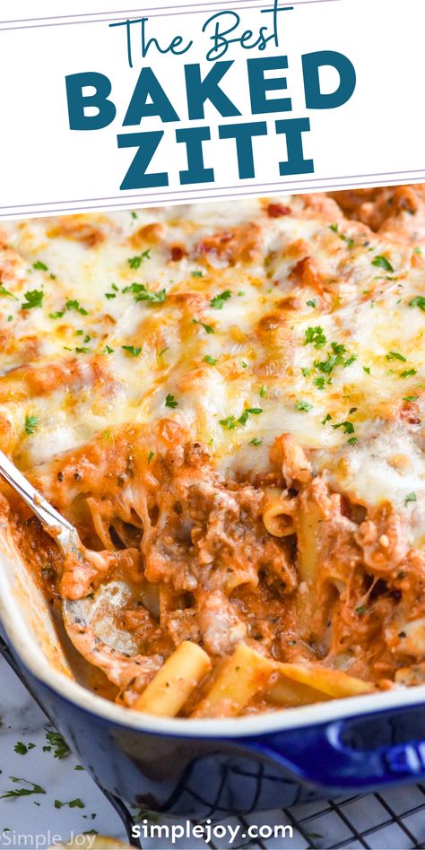 This Baked Ziti with sausage is amazing comfort food. Your whole family will love this delicious baked pasta, and you will love that it can be made in advance! Pasta With Sausage And Ricotta, Essential Cooking Ingredients, Baked Pasta Recipes With Ricotta, Italian Baked Dishes, Baked Pasta With Italian Sausage, Ground Sausage Recipes For Dinner Pasta, Italian Sausage Baked Pasta, Sweet Italian Sausage Pasta Recipes, Sausage Ziti Bake