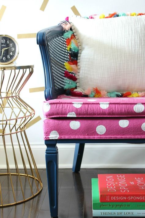 Painted Chair Makeover - How to Paint Upholstery #furniturepainting #typesofpaint #furnituremakeover #furnitureflip #painting #paint #paintingupholstery #paintedchair Colorful Painted Chairs, Painting Chair Fabric, Upholstery Painting Diy Fabric Chairs, Polka Dot Chair Blog Patterns, Sewing Patterns Free Polka Dot Chair, Diy Interior Design Projects, Furniture Painting Tutorial, Annie Sloan Painted Furniture, Paint Upholstery