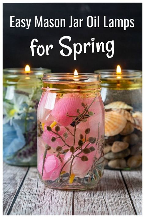 These super easy mason jar oil lamps are perfect for your spring decor and make a nice gift. Teacher's appreciation, Mother's Day or Birthdays for all your candle loving friends. Diy Oil Lamp, Rustic Lighting Ideas, Mason Jar Oil Candle, Scented Mason Jar Candles, Holiday Mason Jar, Mason Jar Projects, Spring Candles, Spring Decor Diy, Mason Jar Crafts Diy