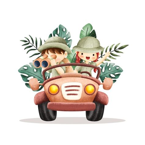 Watercolor safari kids in safari jeep | Premium Vector #Freepik #vector #kids-car #safari-invitation #safari-car #safari-watercolor Stiker Cake, Safari Jeep, Safari Kids, Safari Cakes, Birthday Cartoon, Kids Watercolor, Kids Vector, Safari Baby, School Themes