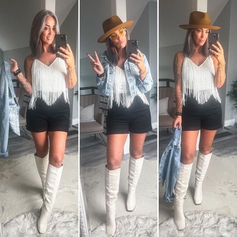 Fringe Tank Top Outfit, Knee High White Boots, High White Boots, Miranda Parker, Fringe Tank Top, Country Concert Outfit, Tank Top Outfits, Country Concerts, Country Concert