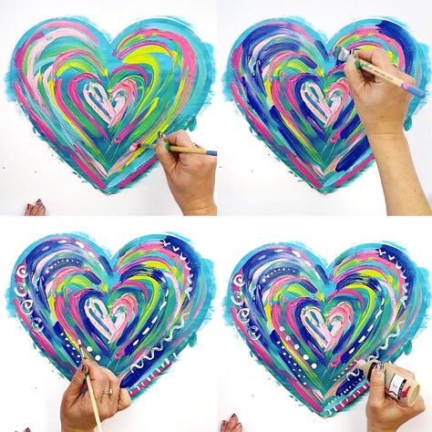 Cold Colour Painting, Heart Wall Art Diy, Class Art Auction Ideas, Easy Abstract Painting For Beginners, Easy Abstract Art, Heart Art Projects, Abstract Art Projects, Heart Projects, Valentine's Gifts