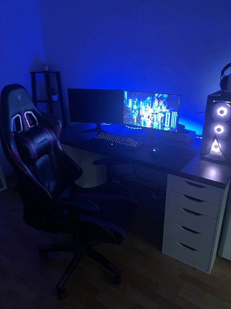 Hey guys, this is my first gaming setup , it took me over a year to build it because the pc was very expensive and im a student😅. I hope you guys like it! Gaming Setup Guy, Gaming Setup Boy, Guy Gaming Setup, Blue Gaming Setup, Gaming Bedroom, Pc Gaming Setup, Bedroom Black, Pc Setup, Gaming Setup