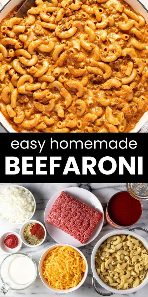 My easy beefaroni recipe comes together in about 40 minutes with a handful of simple ingredients. Made with tender ground beef, perfectly cooked pasta, and a rich, savory tomato sauce, this classic dish combines all the nostalgic flavors of your childhood with a fresh, homemade touch. Beef Roni Recipe, Beefaroni Recipe Chef Boyardee, Beefaroni Recipe Easy, Beef A Roni Recipes Homemade, Beefaroni Recipe Homemade, Beef A Roni Recipes, Easy Beefaroni Recipe, Homemade Beefaroni Recipe, Homemade Beefaroni