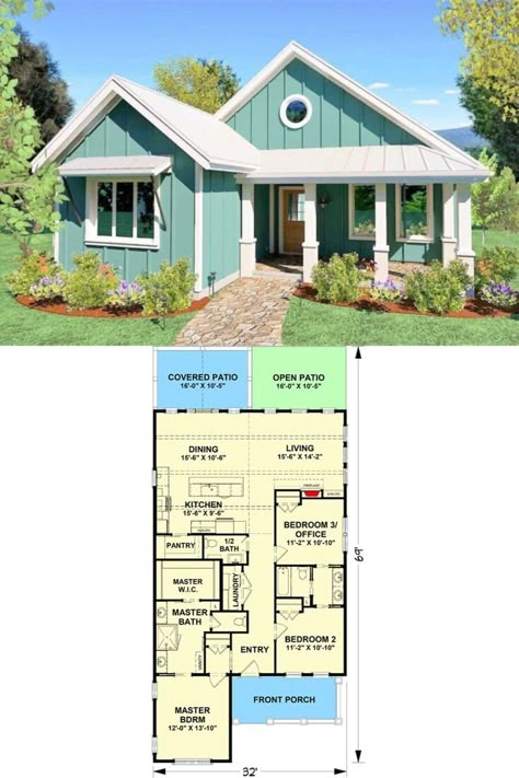 3-Bedroom Single-Story Country Cottage for a Narrow Lot with Open Concept Living (Floor Plan) Cottagecore House Plans, Master Suite Floor Plan, Country Cottage House, Country Cottage House Plans, Cottage Floor Plan, Beach House Flooring, Cottage Flooring, 3 Bedroom Floor Plan, Narrow Lot House Plans