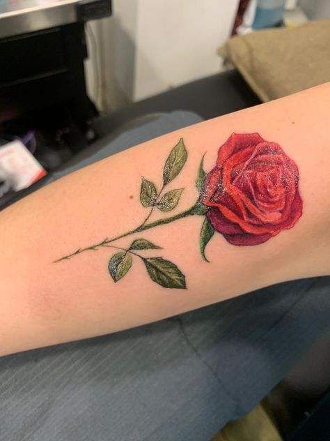 Red Rose Tattoo on arm Rose Arm Tattoo, Rose Tattoo On Arm, Tattoo Time, Single Red Rose, Red Rose Tattoo, Piercing Ideas, Time Tattoos, Piercing Tattoo, Rose Tattoos